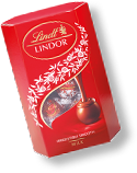 A box of red LINDOR truffles with a new design, including more red and the St. Galler lace (Photo)